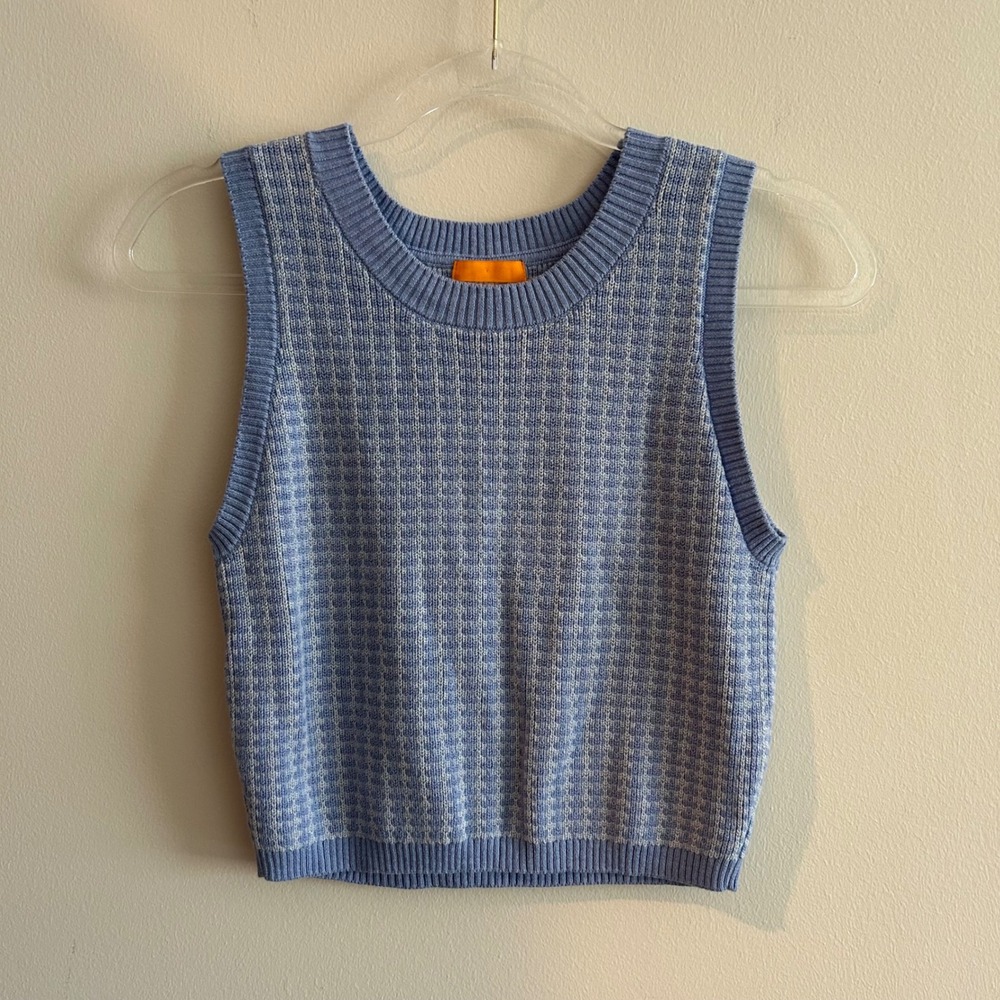 WISPR Sweater Vest Blue M Silk Blend Checkered Knit Sleeveless Crew Neck PO2880